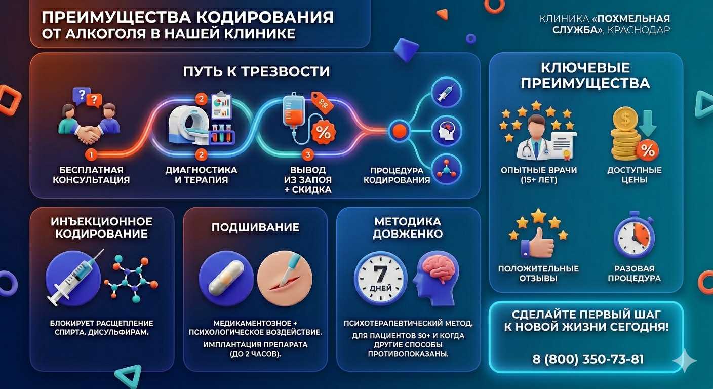 Инфографика о методах кодирования от алкоголя в Стрежевом: инъекции, подшивание, метод Довженко. Преимущества клиники и этапы лечения.