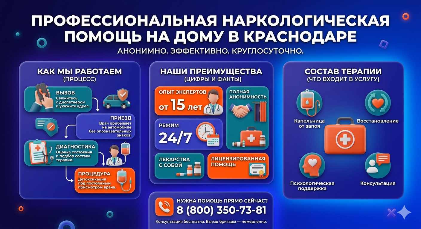 Инфографика о принципах лечения алкоголизма на дому в Стрежевом: этапы вызова нарколога, преимущества анонимной детоксикации и состав медицинской помощи.